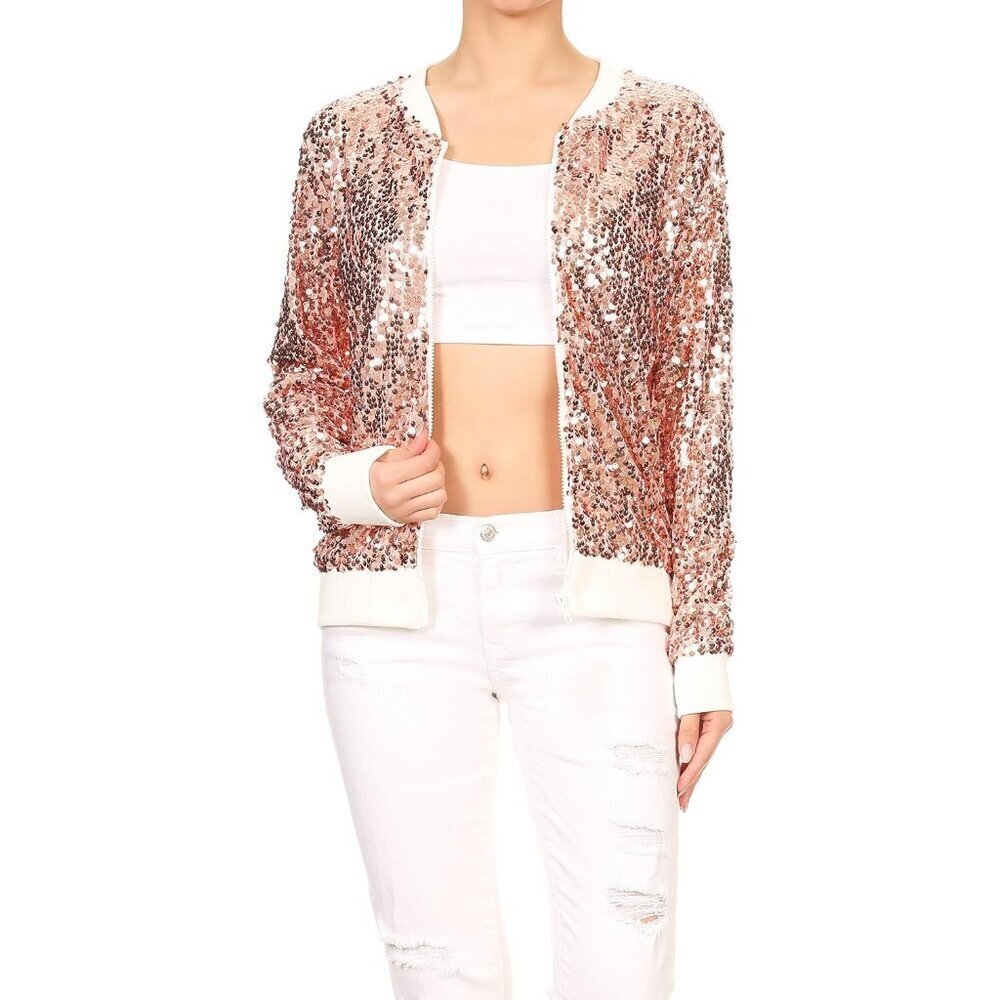 Brand New Women Rose Gold Polyester Sequin Long Sleeve Front Zip Jacket with Rib